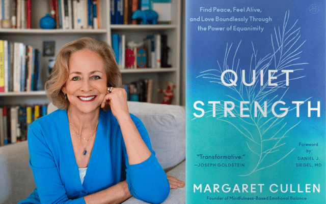 Smiling woman in blue sits by bookshelves, radiating equanimity next to the book cover Quiet Strength by Margaret Cullen.