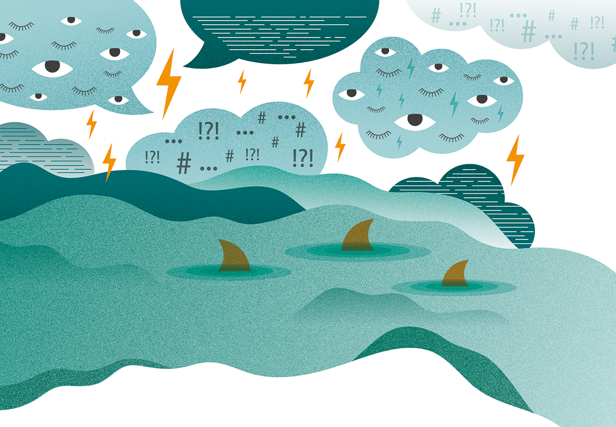 illustration of thunder clouds with eyeballs and shark fins in sea