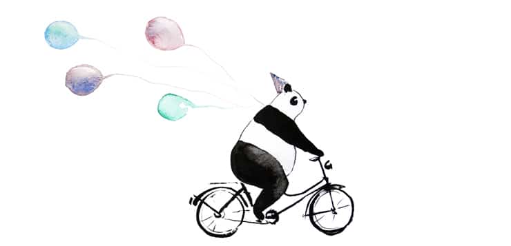 watercolor panda on a bike, balloons trailing behind