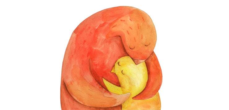 mother bird and baby bird embrace. Watercolor illustration.