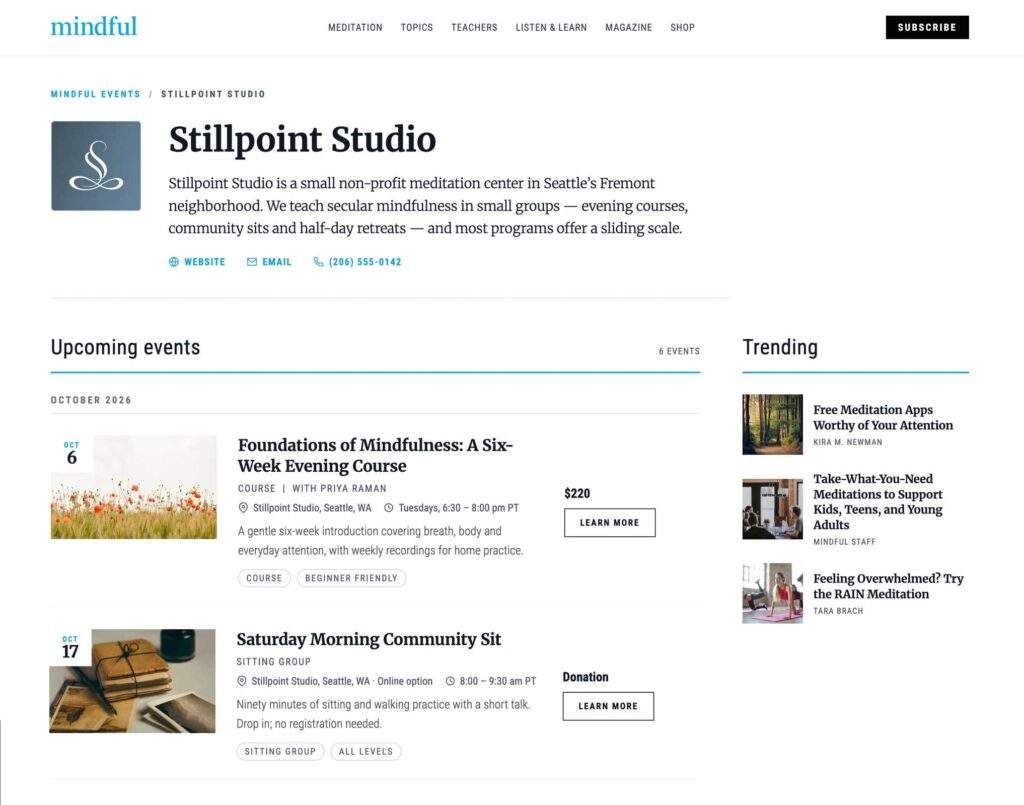 Stillpoint Studio event listing page featuring upcoming mindfulness events and community sits.