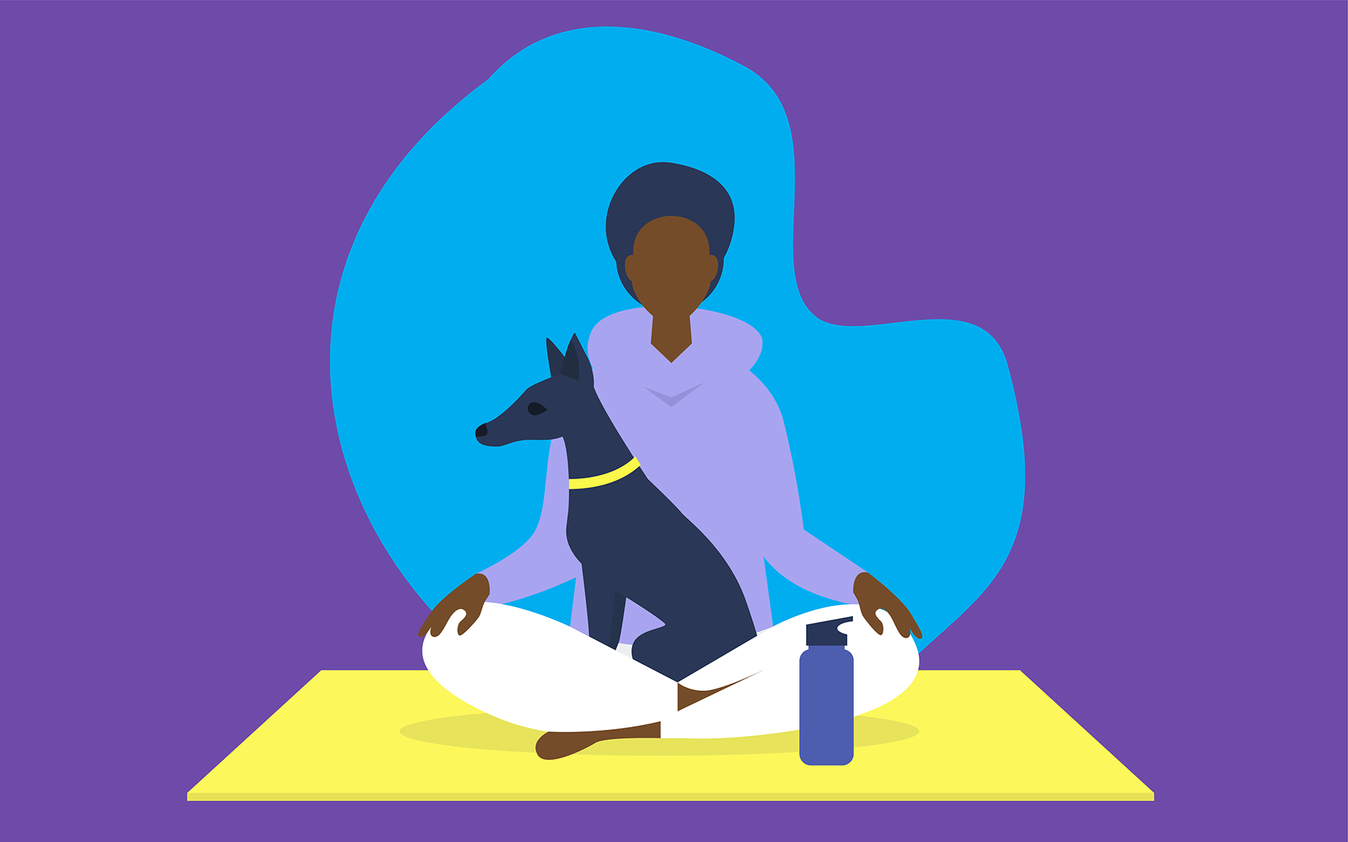 Illustration of a man with light skin and dark hair sitting on a yellow yoga mat cross-legged with a black dog in his lap. The background is purple. at-home meditation retreat
