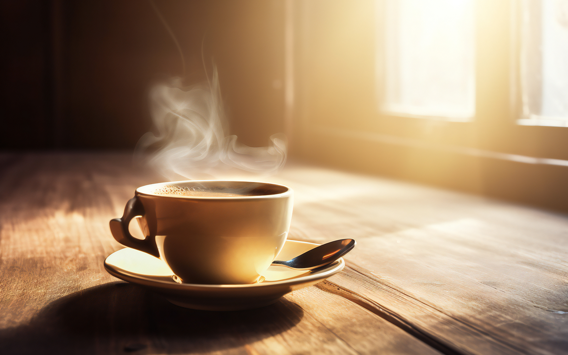 Photo of a hot cup of coffee sitting on a table with the steam rising upward.