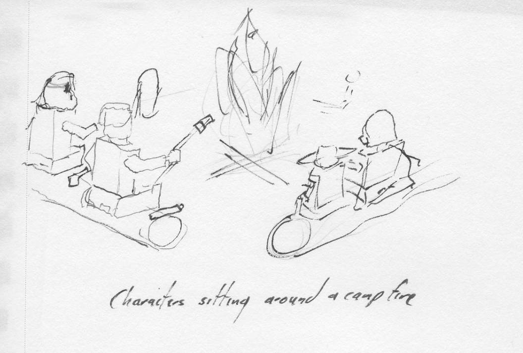 Characters sitting around a campfire.
