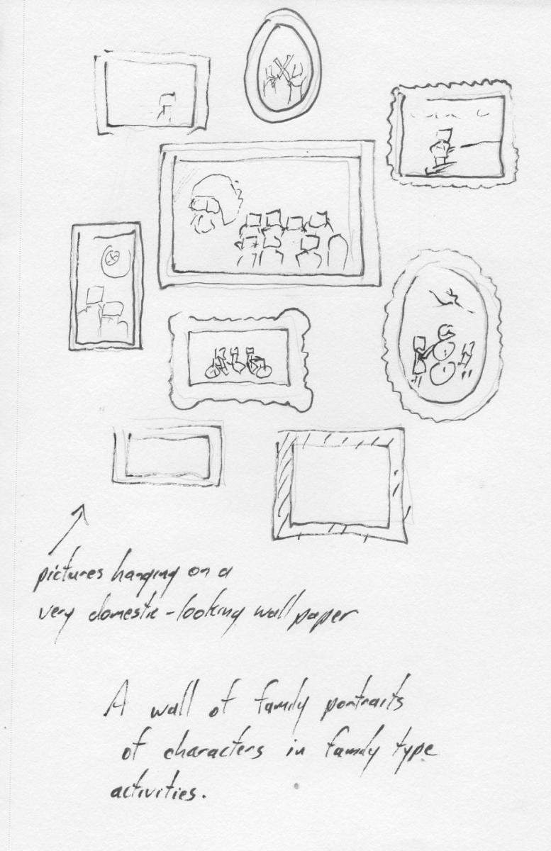 A wall of family portraits of characters in family type activities.
