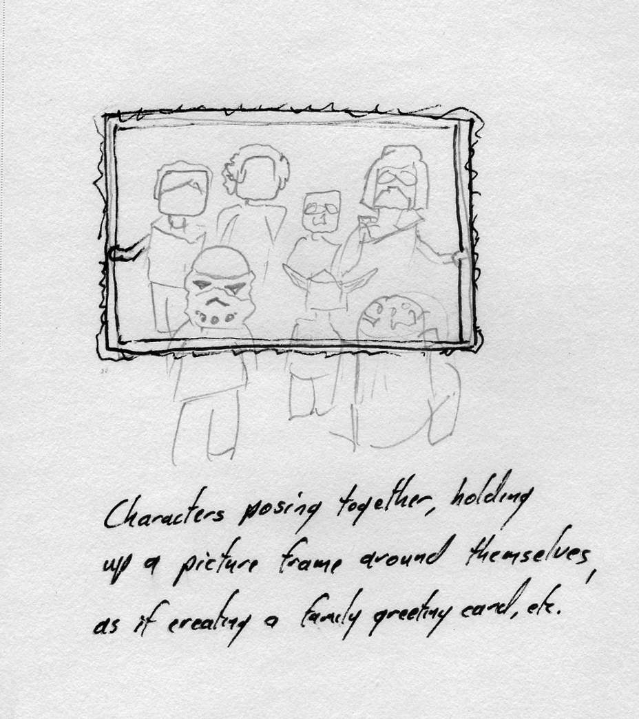Characters posing together, holding up a picture frame around themselves, as if creating a family greeting card, etc.