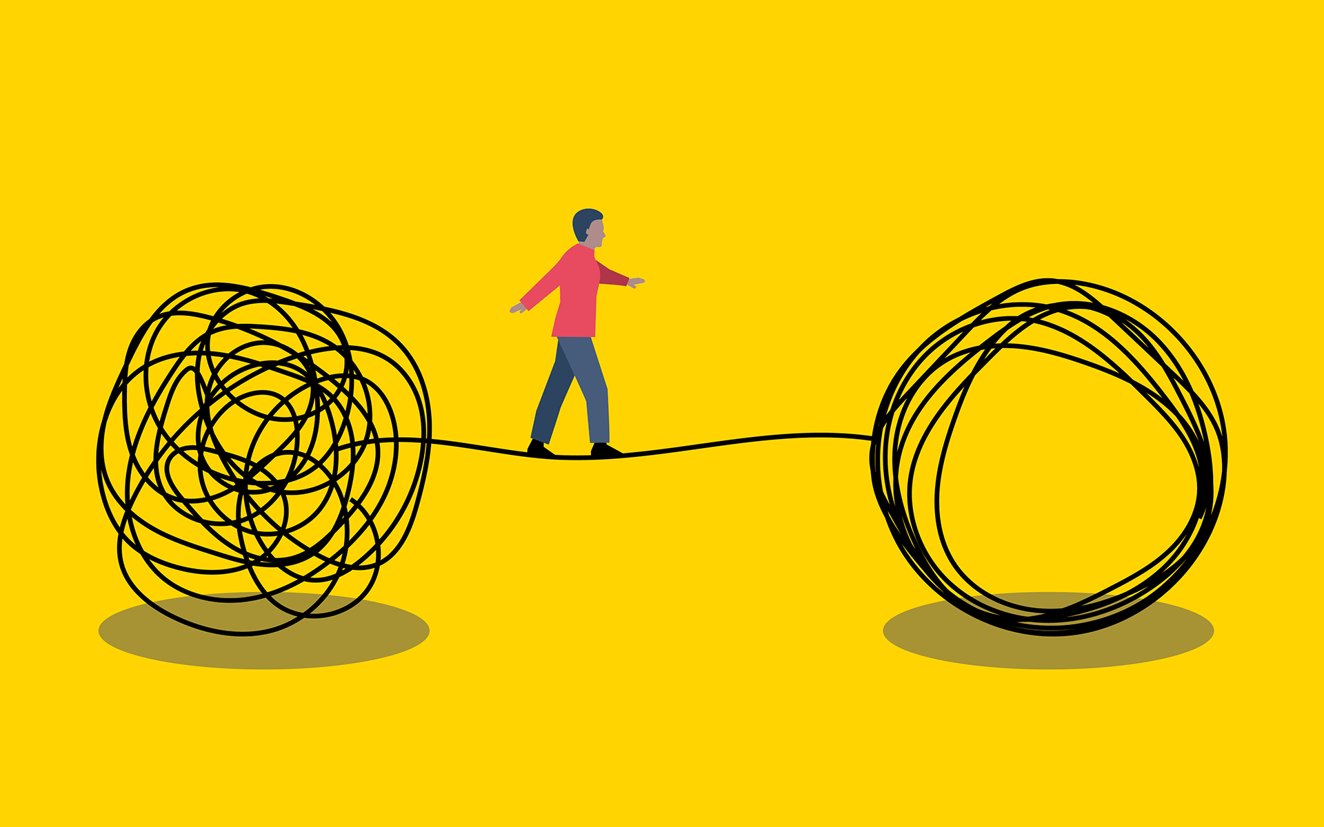 Illustration of a man walking on a tightrope between a ball of messy rope to a neatly coiled rope.