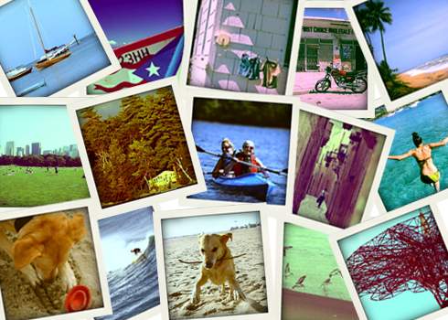 A collage of colorful Polaroid photos showing various scenes: a sailboat on water, a dog on a beach, people biking, two women kayaking, a forest, a beachgoer, a skyline, a shop with a bike outside, and abstract art. The images evoke travel and outdoor fun.