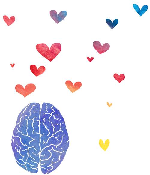 illustration brain with hearts floating out of top