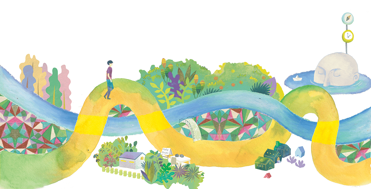 man wandering down path, giant head in the distance, dreamy illustrated scene