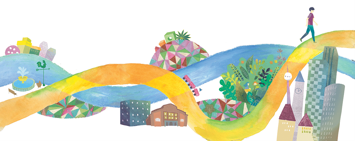 man wanders to end of yellow path, watercolor illustration