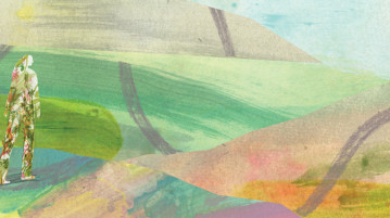 What Happens After Now? illustration of person walking through colorful landscape