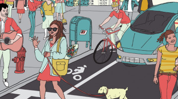 A Kinder, Gentler World illustration of happy people walking around town