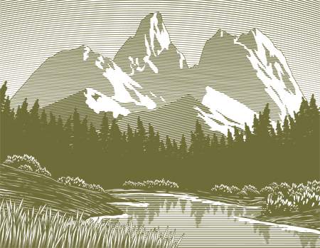 Woodcut-style illustration of a mountain lake scene