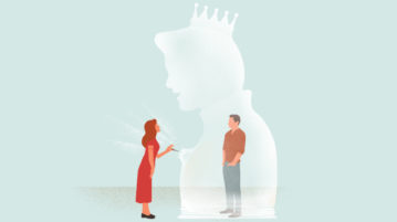 Kill the Soulmate illustration woman popping image of prince with wand to reveal normal man underneath