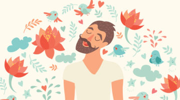 3 Ways to Escape the “Perfect Meditator” Trap illustration man meditating, feeling blissed out