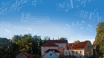 Tune In, Turn On Suburbs with musical notes illustrated overtop