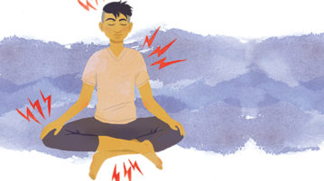 Train Your Mind to Ease Your Pain man sitting in meditation, pain radiating off various parts of his body