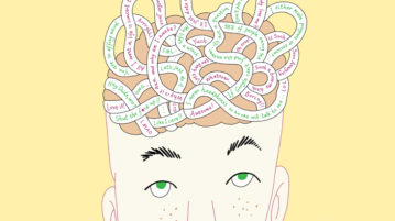 The Amazing, Tumultuous, Wild, Wonderful, Teenage Brain illustration of teenager, thoughts are coiled around head, you can see the writing