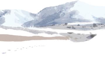 Go Toward What Hurts watercolor of snowy mountains with footprints in snow