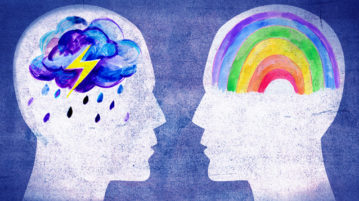 How to Fight Stress with Empathy illustration two heads one with a thunderstorm in the mind and one with a rainbow