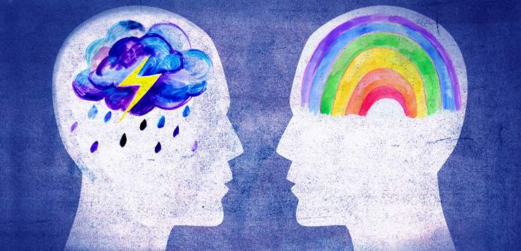 illustration two heads one with a thunderstorm in the mind and one with a rainbow