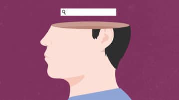 Smart Phone, Lazy Brain illustration man with search bar over his head