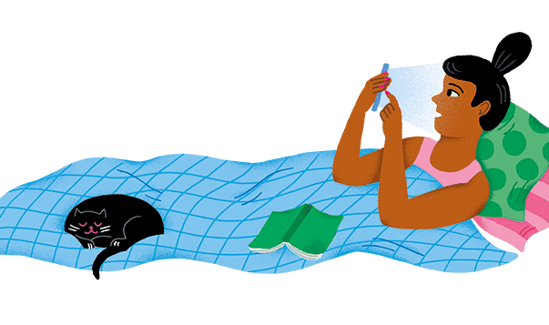 Struggling in the Dark Woman in bed on phone