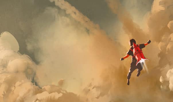 Mindful Kids Practice: Coming Back to the Positive boy flying in the cloudy sky with jet pack rocket, illustration