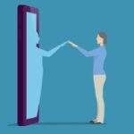 Thoughts Are Not Facts—But They Speak to the Power of Judging woman looking at version of self appearing out of life-sized tablet