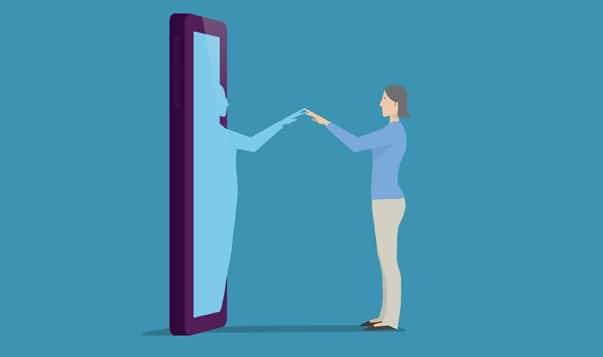 Thoughts Are Not Facts—But They Speak to the Power of Judging woman looking at version of self appearing out of life-sized tablet