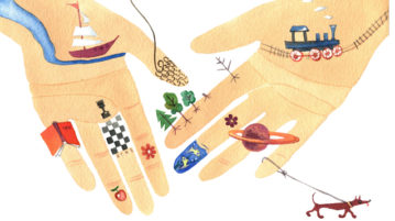 Doing Something Creative Can Boost Your Well-Being illustration hands with hobbies drawn on them