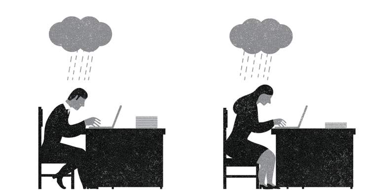 man and woman working at desk with raincloud overhead