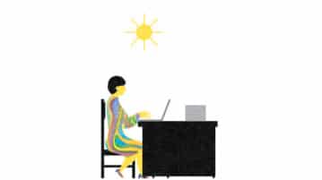3 Ways to Feel More Empowered at Work illustration woman working at desk with sun overhead