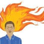 The Mindful FAQ: Can Mindfulness Do More Harm Than Help? illustration of man meditating with flames behind his head
