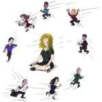 How Busy Working Parents Can Make Time for Mindfulness woman in seated meditation, work colleagues rushing around her
