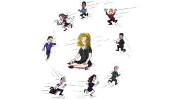 How Busy Working Parents Can Make Time for Mindfulness woman in seated meditation, work colleagues rushing around her