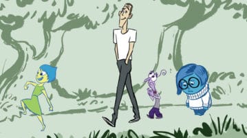 “Inside Out” Director Pete Docter on the Importance of Getting Out of Your Own Head Pete Docter walking through the forest with character from Inside Out