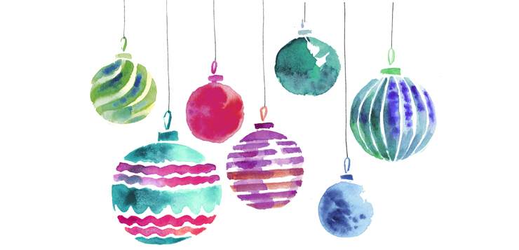 watercolor of holiday ornaments