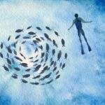 How to Overcome Stress by Seeing Other People’s Joy watercolor of divers swimming around a school of fish