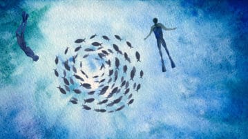 How to Overcome Stress by Seeing Other People’s Joy watercolor of divers swimming around a school of fish