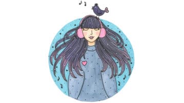 Mindful’s Top 10 Guided Practices of 2017 illustration woman with headphones on, bird singing on her head