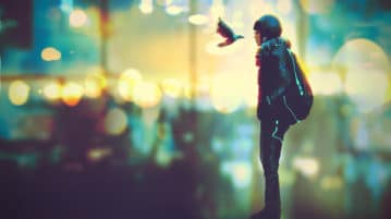 Why Loving-Kindness Takes Time: Sharon Salzberg futuristic girl and a bird look each other in the eyes on night city background, illustration