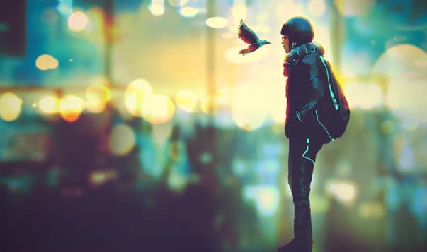 Why Loving-Kindness Takes Time: Sharon Salzberg futuristic girl and a bird look each other in the eyes on night city background, illustration
