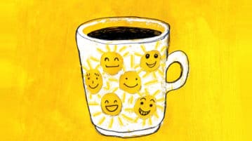 A 5-Minute Gratitude Practice: Focus on the Good by Tapping into Your Senses Coffee mug with suns painted on yellow acrylic background