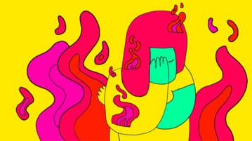 A Meditation on Working with Anxiety illustration woman with hand on forehead, surrounded by colorful fire symbolizing stress