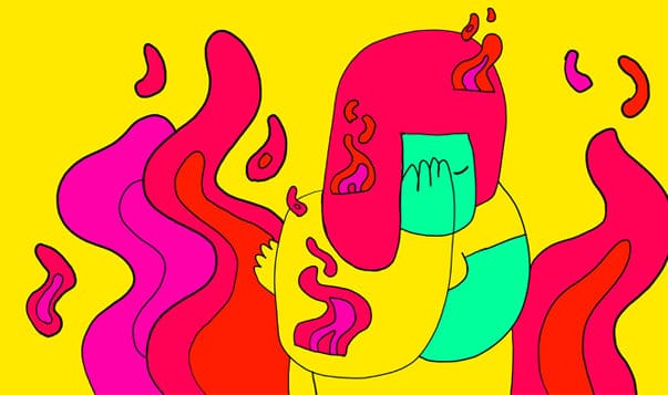 A Meditation on Working with Anxiety illustration woman with hand on forehead, surrounded by colorful fire symbolizing stress
