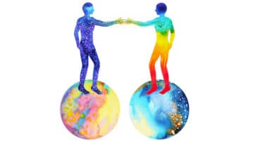 A Connection Practice for Feelings of Isolation watercolor two people on globes, both painted in rainbow colors