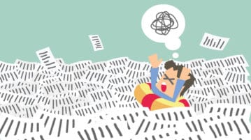 Stop Mindlessly Going Through Your Work Day illustration of person overloaded with documents, drifting in life saver