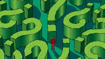 Finding Purpose on the Job Maze made up of the question mark-shaped hedges, a little man in the middle